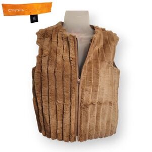 Cynthia Steffe Rabbit Fur Knit Back Vest Size Medium Tan Beige Zip Front